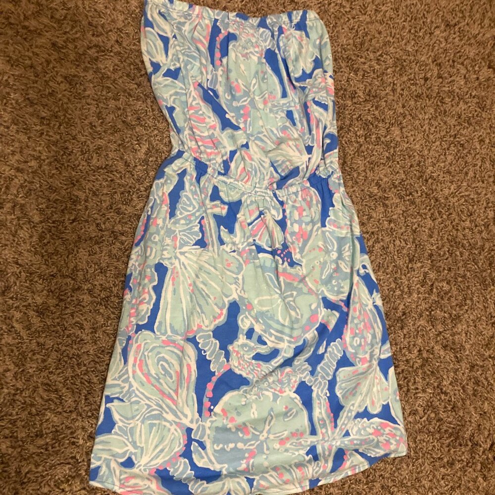 Lilly Pulitzer Into the Deep Windsor Dress XXS Strapless Blue Pink Seashells - Picture 1 of 3